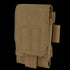 The Condor Tech Sheath Plus is a brown tactical pouch with a flap cover, stitched front pocket, and side loop, crafted from durable fabric—perfect for first responders or the shooting range.
